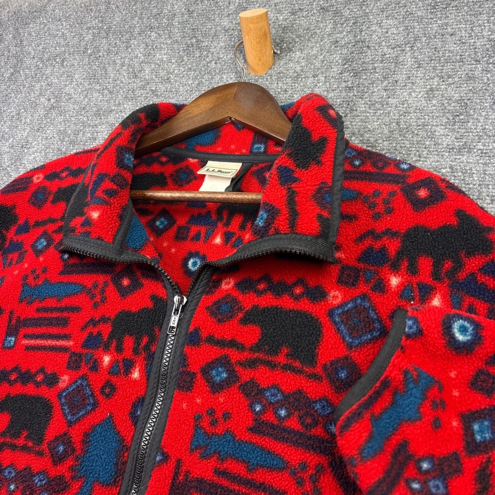 LL Bean Fleece Jacket Mens XL Red Bear Moose Lodge Print Full Zip Outdoor 0667